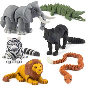 6PCS 3D Printed Safari Animals Figures Toys, Realistic Articulated Zoo Animal Toys Educational Learning Fidget Toy Cake Toppers Birthday Gift Party Favors Toy for Toddlers Kids Boys Girls