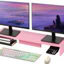 Dual Monitor Stand Riser, Large Computer Monitor Stand for Desk, Monitor Riser for 2 Monitors, Wood Desk Shelf for Top of Desk, Desktop Organizer for Computer, Laptop, Printer, TV, Pink (35.8" Pink)