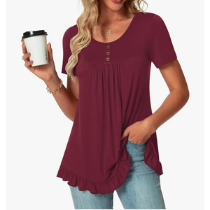 POPYOUNG Tunic Tops for Women Dressy Loose Fit Casual Short Sleeve Long Shirts Ruffled Hem Blouse wear with Leggings XL