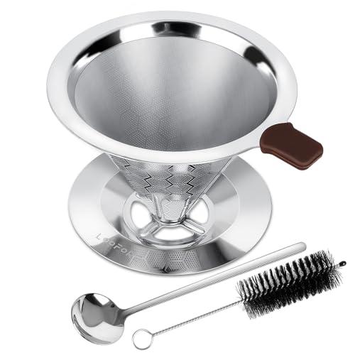 Pour Over Coffee Dripper, LOOFORE Stainless Steel Coffee Filter, Metal Cone Filter Paperless Reusable Coffee Filter Single Cup Coffee Maker 1-2 Cup, with Spoon and Silicone Tray, Cleaning Brush