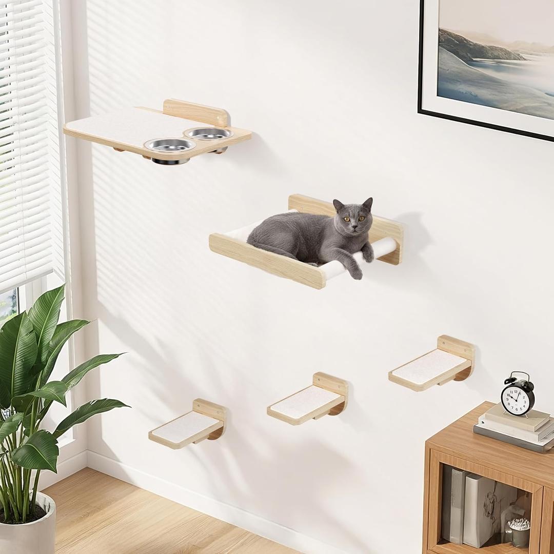 Space-Saving Cat Wall Shelves Interactive Cat Wall Climber with Hammock & Dog Proof Feeding Station for Small & Medium Indoor Breeds Solid Natural Wood with Beige Carpet