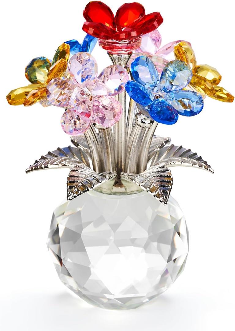 Crystal Flower Decoration Glass Flowers Birthday Gifts for Women Wife Girlfriend Daughter Ornament Bouquet for Wedding Anniversary Mom Mother's Day from Daughter Son (Multicolored Flowers 02)