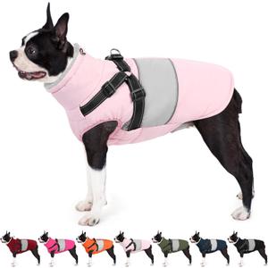 AOFITEE Dog Coat, Waterproof Dog Jacket Winter, Dogs Coat with Harness Built in, Warm Dogs Puffer Jacket with Zipper, Reflective Pet Snowsuit Sweater for Dachshund, French Bulldog, Boston Terrier, M (Pink)