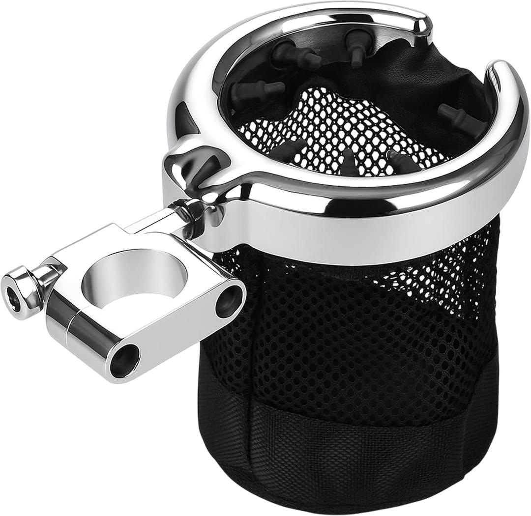 Motorcycle Drink Holder 1.25'' Handlebar Universal Cup Holder Handlebars Mount Cupholder with 360 Swivel Ball-Mount Large Basket Metal Holders Fit for Harley Davidson Touring Softail Sportster Dyna