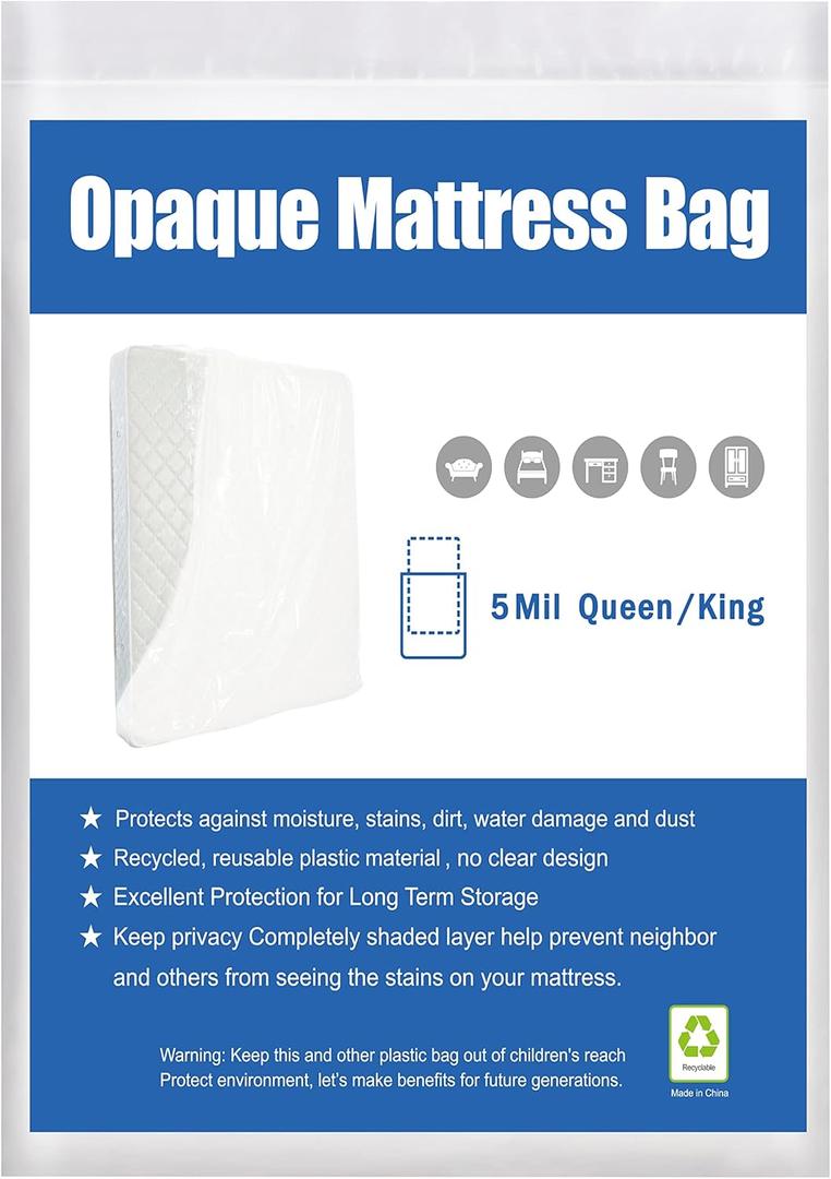 [2-Pack 5-Mil] HOMEIDEAS Mattress Bag (Queen/King) for Moving and Storage Opaque Mattress Disposal Bag - Heavy Duty & Tear Resistant