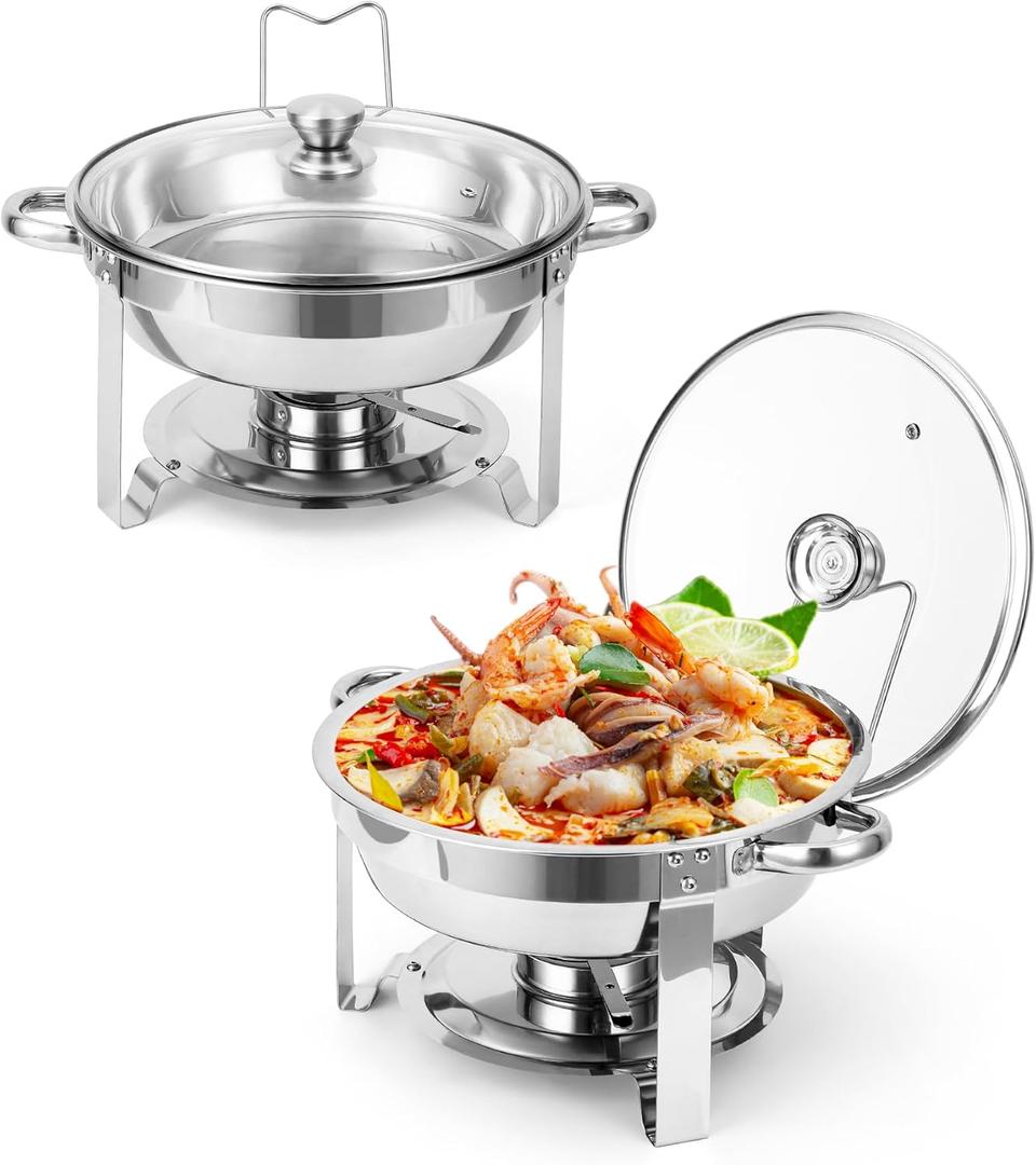 Garvee Chafing Dishes for Buffet, 5QT Buffet Servers and Warmers Set of 2, Round Chafing Dishes with Glass Lid, Stainless Steel Food Warmers for Parties, Catering Supplies for Wedding, Banquet, Silver