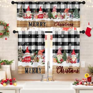 Arttown Christmas Kitchen Window Curtains and Valances Set 36 Inch, Xmas Tree Buffalo Plaid Short Tier Curtain for Cafe Living Room Bathroom, Winter Vintage 3 Pieces Set Kitchen Decor