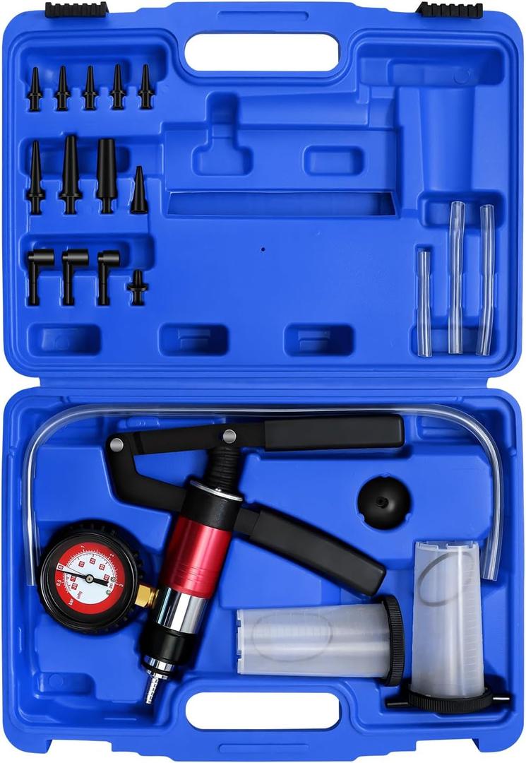 YSTOOL Hand Held Vacuum and Pressure Pump Brake Clutch Fluid Bleeder Tool Kit Oil Change Power Steering Fluid Bleeding Set with Pressure Gauge Jar Adapters for Auto Car Truck Motorcycle Use Blue Case