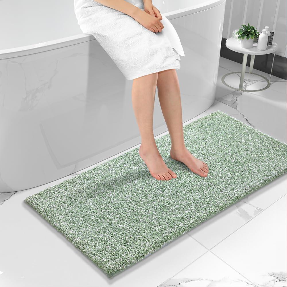 Yimobra Bathroom Rugs Mat, Extra Soft Comfortable Bath Rugs, Non-Slip, Water Absorbent and Thick Bathroom Floor Mat, Machine Washine, Shaggy Rugs for Shower Bathtubs, 56"x24", Green&White