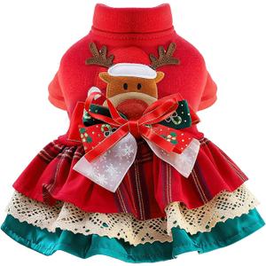 BAEJMJK Cute Small Dog Christmas Dress Xmas Red Reindeer Puppy Princess Dress with Bowknot Warm Holiday Girl Dog Clothes Pet Cats Outfit Apparel for Chihuahua Yorkshire Terriers, Maltese(Small)