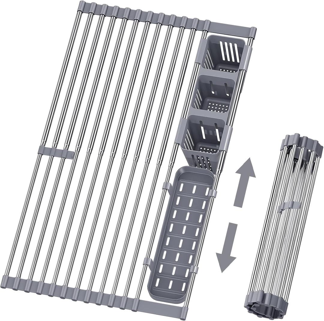 Expandable Roll Up Dish Drying Rack, 304 Stainless Steel Over The Sink Dish Drainer Rack, Foldable Rollable Kitchen Sink Rack with 2 Removable Utensil Holder 12.59-12.59 to 23.22