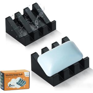 Silicone Soap Dish for Bar Soap Holder for Shower Bathroom Self Draining Waterfall Drying Tray Keep Soap Bars Dry Clean & Easy Cleaning (Black*2, 2)