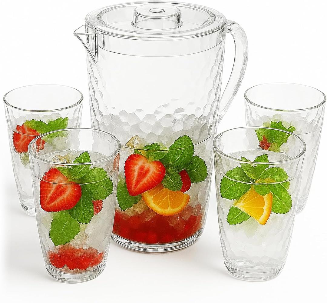 84 oz Crystal-Clear Pitcher with 4 Tumblers Set, BPA-Free Food-Grade Jug with 3-Position Lid & Spout  Large Beverage Pitcher for Party, Iced Tea, Lemonade, Sangria, Fridge,Clear