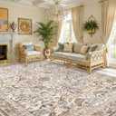Vintage Moss Green 8x10 Washable Area Rugs for Living Room - Soft Floral Rug for Bedroom, Dining Room, Light Brown Taupe Low Pile Stain Resistant Bird Floral Bird Carpet