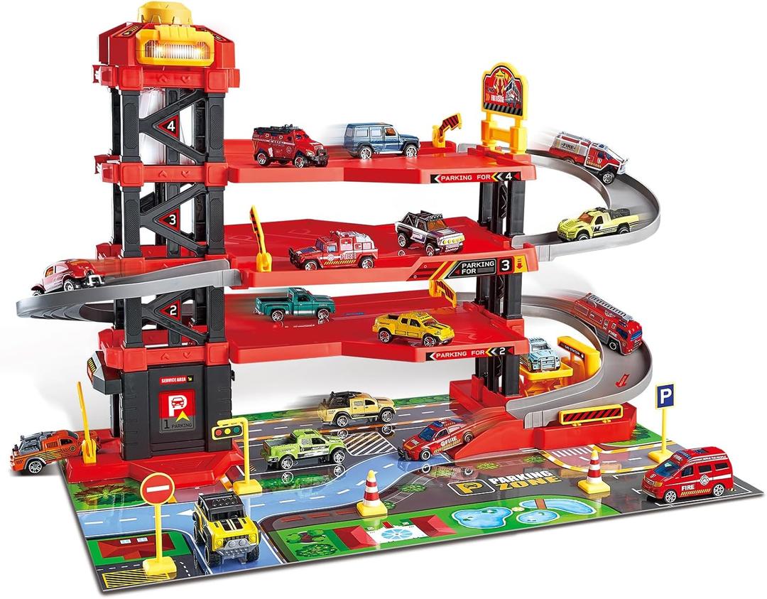Dollox Parking Garage Toy Playset, Race Car Ramp Track Toys Sets Garage Playset with 6 Little Alloy Racer Cars Adventure Track, 3 Parking Levels Christmas Birthdays Gifts for Age 3 4 5 6 7 Boys Girls