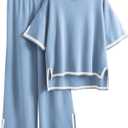 Tanming Sweater Sets Women 2 Piece Lounge Sets Short Sleeve Knit Pullover Tops Wide Leg Pants (Medium, Light Blue)