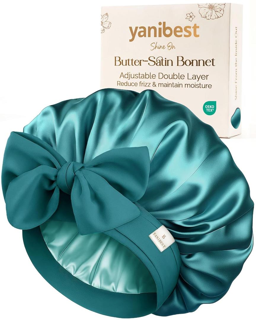 Yanibest Adjustable Satin Bonnet for Sleeping, Double Layer Silk Hair Bonnet with Tie Band for Unisex Women Men Curly Natural (Blue)