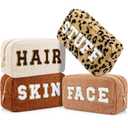 Paterr 4 Pcs Christmas Chenille Letter Preppy Patches Makeup Pouch Bag Plush Fuzzy Makeup Pouch Hair Skin Face Stuff Bag Large Cosmetic Purse Zipper Travel Toiletry Kit for Gift(Brown Colors)