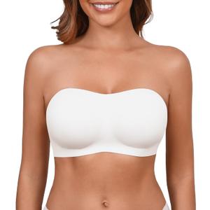 DEANGELMON Strapless Bras for Women Seamless Padded Bandeau Bra Non-Slip Silicone Tube Top Wireless Push Up Bralettes (White, L)
