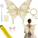 Fairy Wings for Adult Women, Fairy Wings Costume Set with Magic Wand and Elf Ears, Fantasy Accessories for Halloween Party, 6-Piece Fairy Costume Women (Gold)