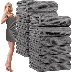 12 Pack Microfiber Bath Towels Bulk 27'' x 60'' Oversized Size Bath Towel Highly Absorbent Extra Large Soft Drying for Shower Beach Winter Salon Sport Gym Party (Waffle,Grey)