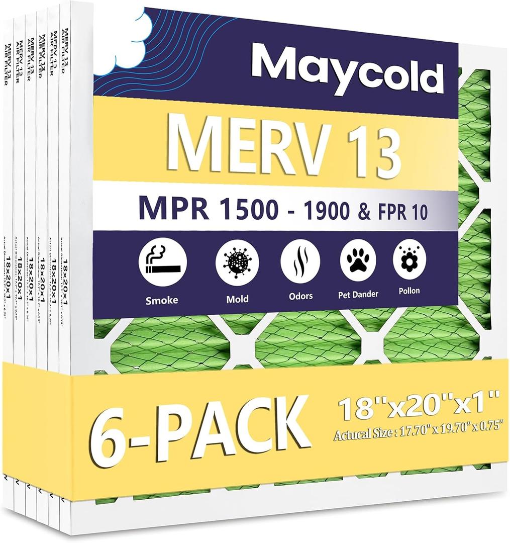 Maycold MERV 13 18x20x1 Air Filter (6-Pack), High-Efficiency Pleated AC & Furnace Filters, Actual Size: 17.70 x 19.70 x 0.75, Individually Wrapped in Plastic