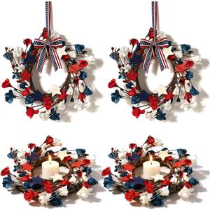 4 Pcs Mini 4th of July Hanging Wreaths for Cabinets Patriotic Red White and Blue Artificial Candle Ring Wreath Pillar Candle Holder Wreath for Farmhouse Independence Day Memorial Day Porch Front Door