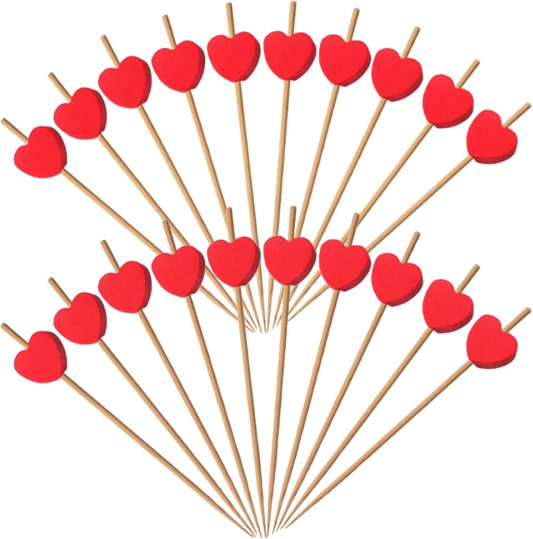 250PCS Red Love Heart Cocktail Picks, 4.7 Inch Long Bamboo Fancy Toothpicks for Appetizers, Decorative Bridal Wedding Valentines Party Food Drinks Garnish Fruit Skewer Sticks