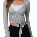 Women's Pilates Wrap Tops V-Neck Cross Tie Long Sleeve Shirt for Ballet Dance Yoga Workout, XS, Solid-Grey