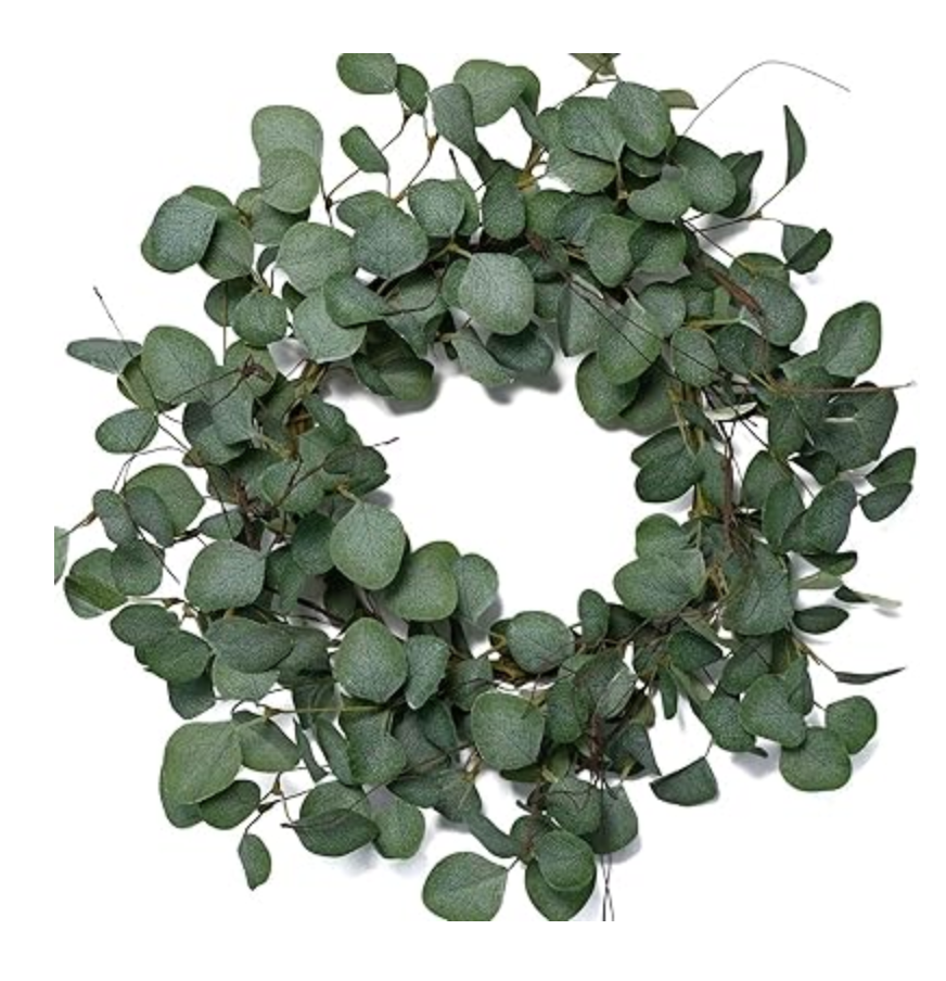 idyllic Eucalyptus Leaves Wreath Metal Polyester Fabric Paper Round Green Wreath 22 Inches for The Front Door Decor