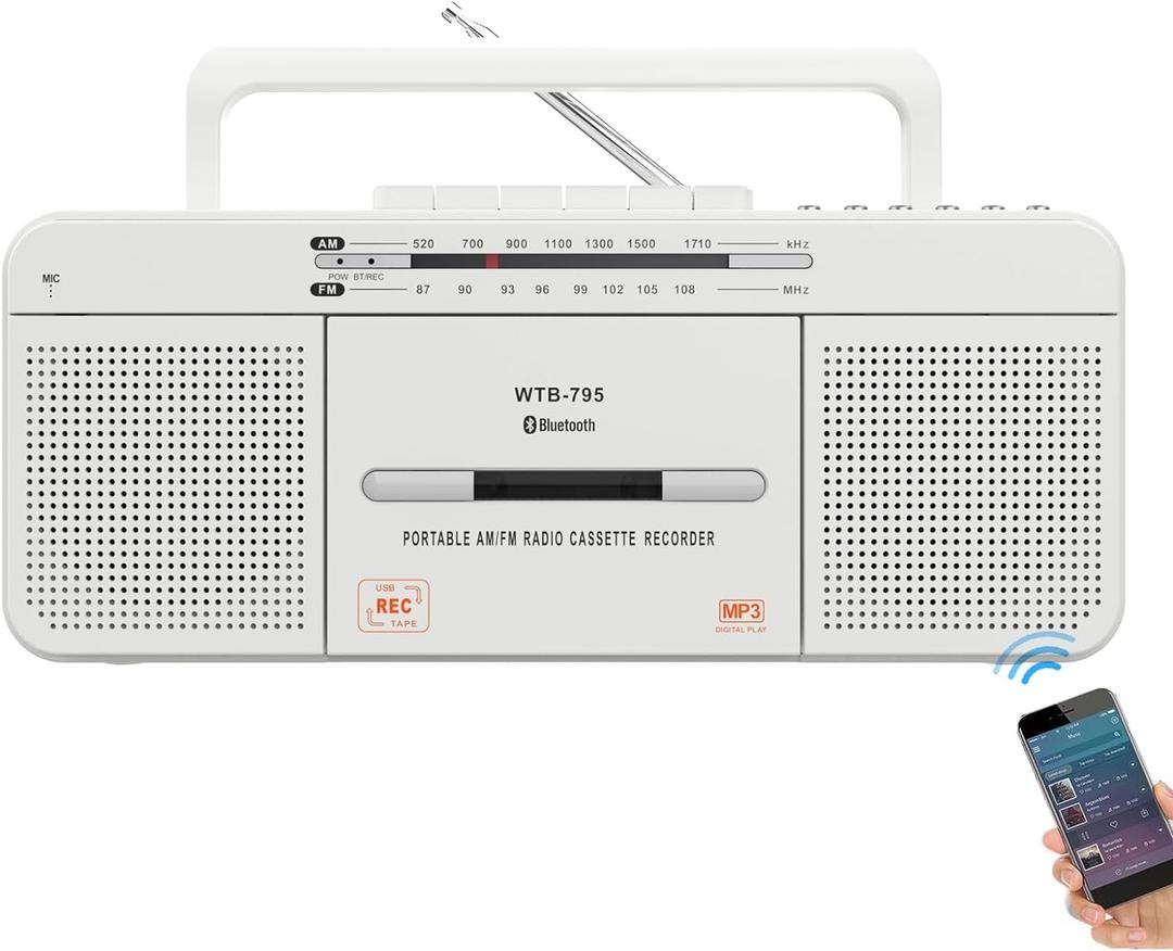 Portable Cassette Player Recorder Boombox with Bluetooth,USB,AM/FM Radio,Tape Player/Recording,USB Playback/Recording,Cassette to MP3 Converter (Gray+White)