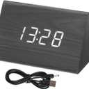 uxcell Wooden Alarm Clock with White Digits, Black Digital Alarm Clocks for Bedrooms with USB Charging Port, Adjustable Volume, Dimmable, Snooze, 12/24H