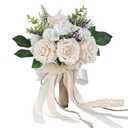 GLIDLION Wedding Bouquets for Bride Bridesmaid,White Champagne Artificial Roses Flowers for Wedding Church Decoration (7.5in)