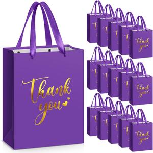 Kolldenn 16 Pcs Thank You Gift Bags Thank You Paper Bags with Handle Wrap Bags Bulk Totes for Birthdays Business Wedding Baby Shower Party Favors(10.63 x 8.27 x 3.94 Inches,Purple)