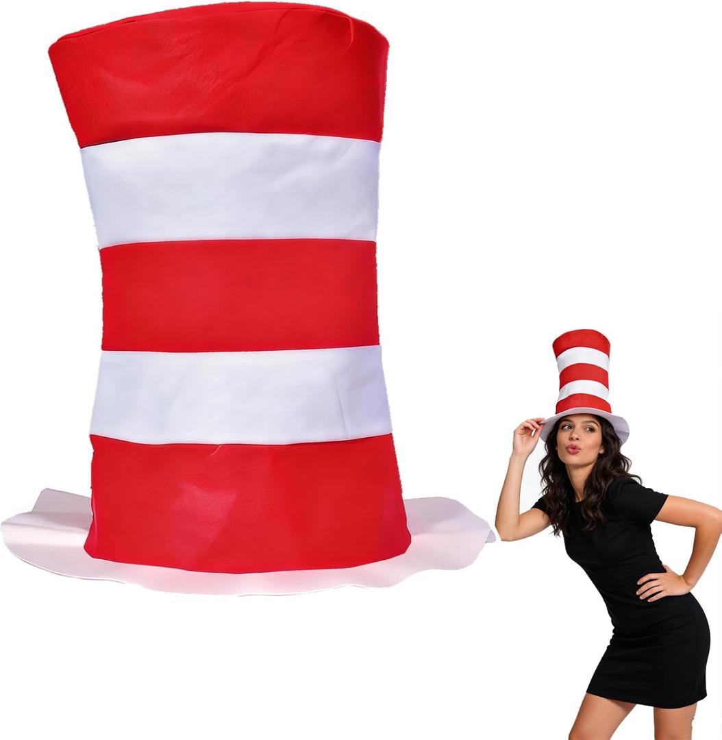 Red and White Striped Stovepipe Hat: Top Hat Costume Accessories for Readings Book Halloween Themed Party Women Adults