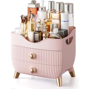 Makeup Organizer Countertop, Large Capacity Skincare Cosmetic Organizer for Vanity with 2 Drawers, Cosmetic Display Cases Makeup Storage Box for Bedroom, Bathroom, Ideal Gifts for Women(Pink)