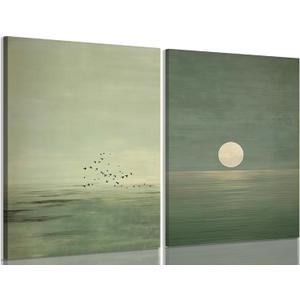 2Pcs Japanese Sage Green Canvas Wall Art Minimalist Moon and Bird Wall Decor Pictures Japanese Landscape Posters Prints for Living Room Bedroom Office Zen Home Decoration 16X24in Ready to Hang
