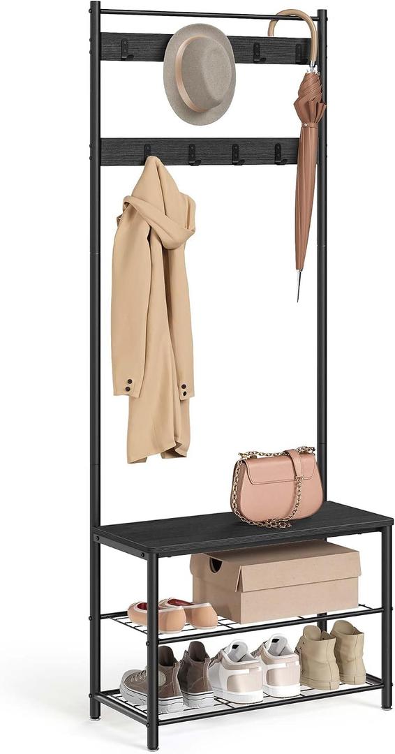 VASAGLE Coat Rack, Hall Tree with Shoe Storage Bench, 3-in-1, Steel Frame