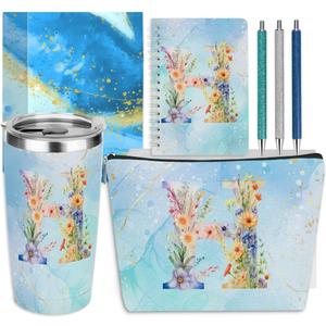 Personalized Gifts Monogrammed Birthday Gifts for Women, Bridesmaid Bachelorette Party Christmas Initial 20 oz Tumbler, Makeup Bag Cup Ballpoint Pens Journal Notebook 6 Set, (Aesthetic Blue Flower H)