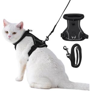 Dotoner Escape Proof Cat Harness and Leash Set Adjustable Soft Mesh Vest for Walking Safe Travel Vet Visit with Reflective Strips for Cats and Kittens (Black-L)