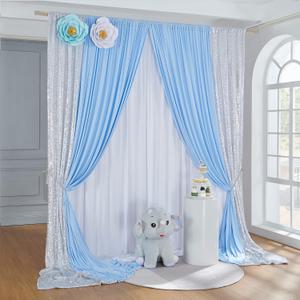 Wrinkle Free 10ft x 5ft White Backdrop Curtain &10ft x 5 ft Baby Blue Backdrop Curtain&4ft x 10 ft Silver Sequin Backdrop Curtain for Baby Shower, Wedding, Birthday, Graduation Party Decoration (120"W x 288"L (Pack of 6))