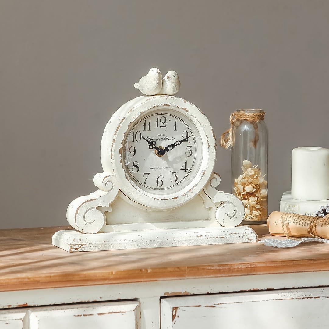 NIKKY HOME Vintage Mantel Table Clock with 2 Birds, Silent NonTicking Battery Operated Desk Shelf Rustic Wooden Clock for Living Room Decor  Distressed White