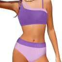 Girls Swimsuit Bikini Set Color Block Cut Out Two Piece Bathing Suit with Chest Pad Adjustable Straps Swimwear 7-16T (9-10 Years, Purple)