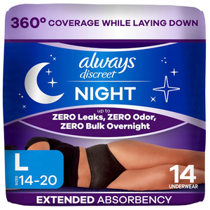 Always Discreet Night, Reimagined Adult Diapers for Women, Extended Overnight Absorbency Incontinence and Postpartum Underwear Size L, 360 Degree Coverage While Laying Down, 14 Count​