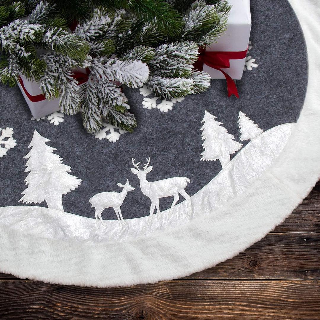 Christmas Tree Skirt, Fur Rustic White Xmas Tree Skirt,Snowy Christmas Trees Mat Decorations Indoors,Deer and Snowflake Pattern (36 inches, Two Deers)