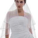 SAMKY 2T 2 Tier 1/8" Ribbon Edge Center Gathered Rhinestone Crystal Bridal Veil (Elbow Length 30", Ivory)