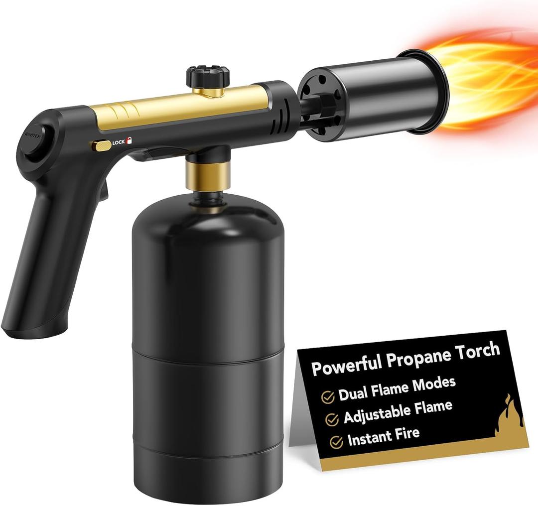Powerful Propane Torch Gun, Cooking Torch with One-Touch Max Fire, Adjustable Culinary Torch for Searing Steak, Sous Vide, BBQ and Campfire Starter, Gold & Black(Tank Not Included)