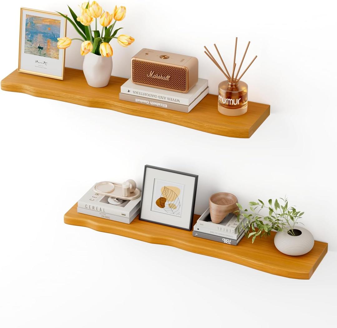 Solid Wood Live Edge Floating Shelves Set of 2 36" Rustic Wall Shelf with Hidden Bracket System, Wall Mounted Shelves for Bathroom, Kitchen, Living Room, Bedroom (Honey Walnut)