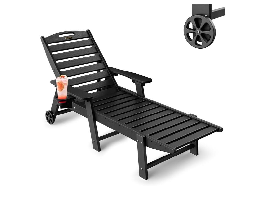 Lounge Chair Outdoor, Chaise Lounge Outdoor, HDPE 6-Position Lounge Chair for Outside, Patio Lounge Chair with Wheels & Cup Holder for Pool Poolside Deck Backyard, Black