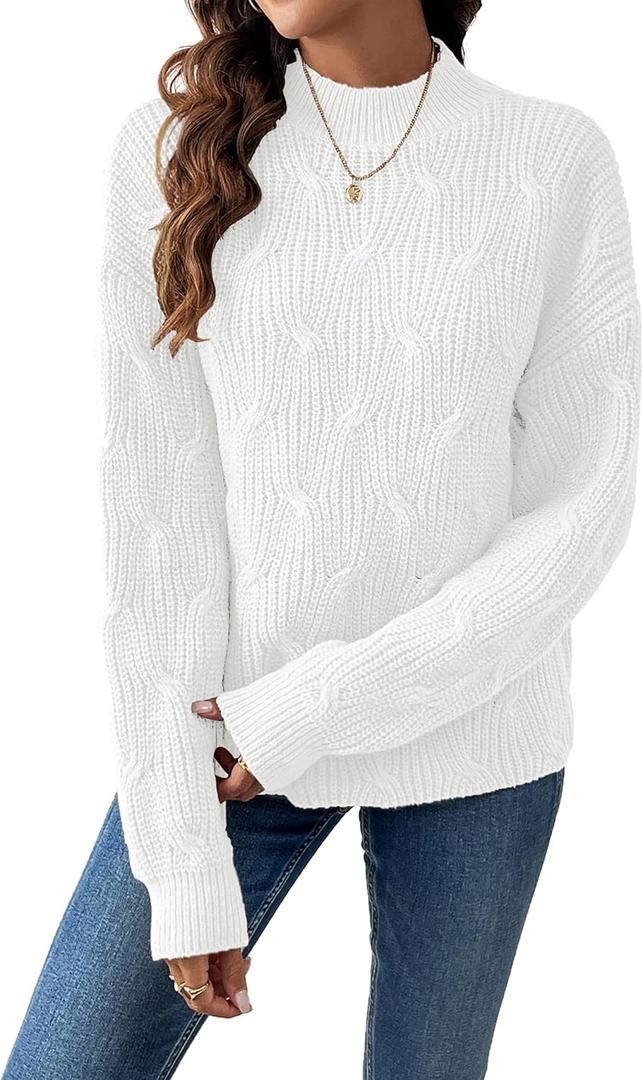 Womens Dressy Mockneck Cable Knit Long Sleeve Sweater Fall 2025 Oversized Chunky Ribbed Cuffs Knit Pullover (X-Large, White)